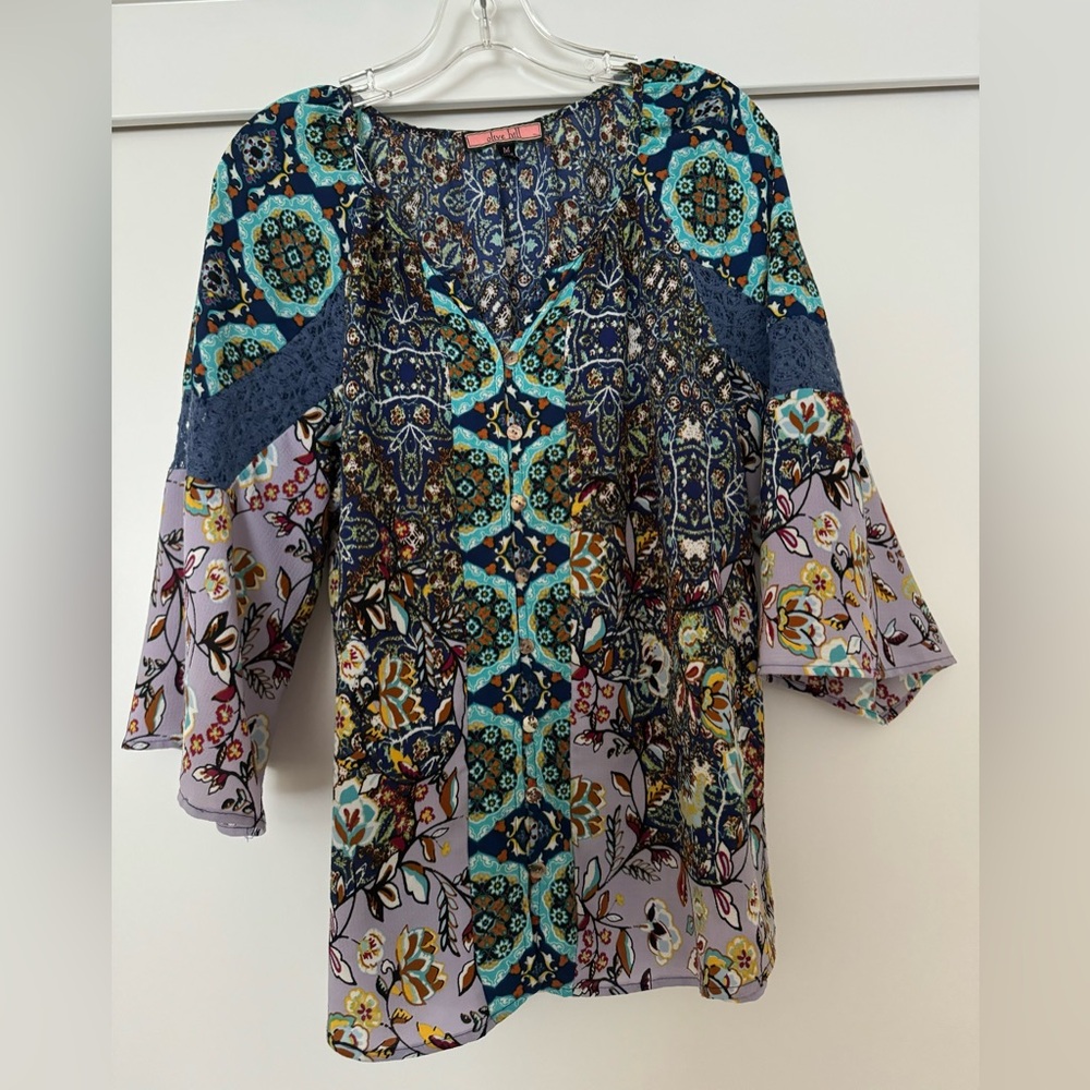 Olive Hill Flowy Bright Colorful Bohemian Blouse Size M